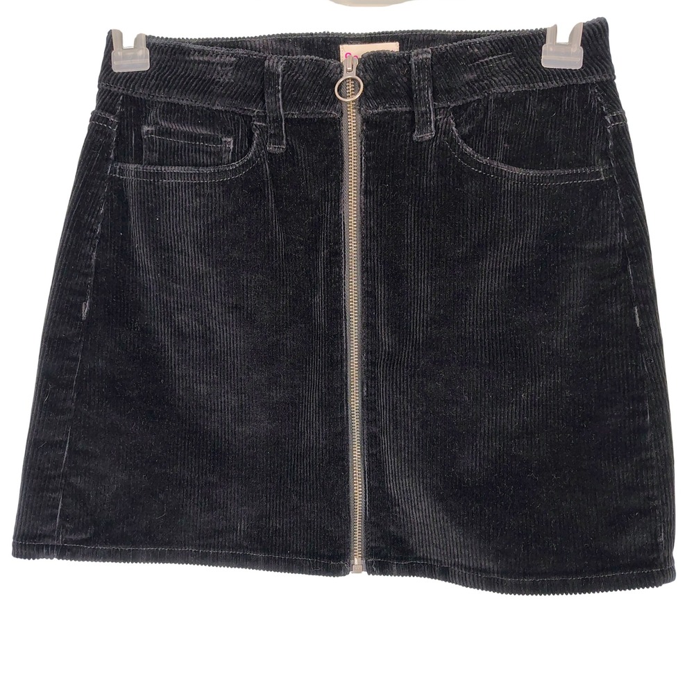 SO Black Corduroy Full Zip Mini Skirt Size 5 27W Retro Ring Pull 5-Pocket goth - Picture 1 of 6